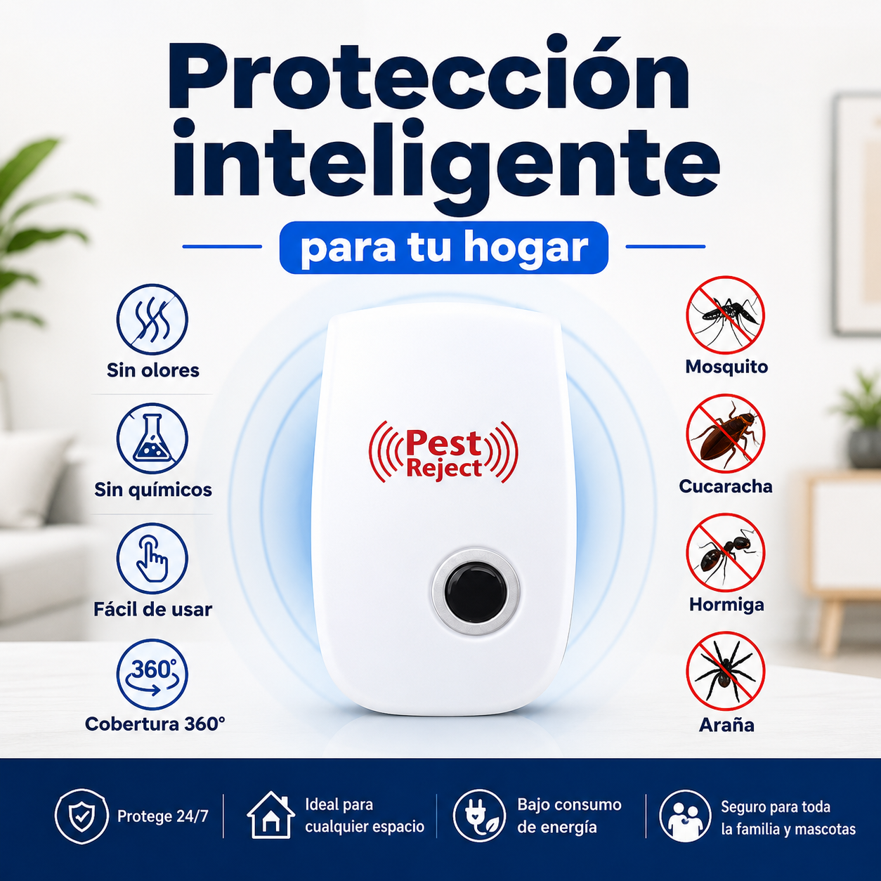 Repelente Ultrasónico PestFree™ | Cobertura 80-120m² | Sin Químicos ni Venenos