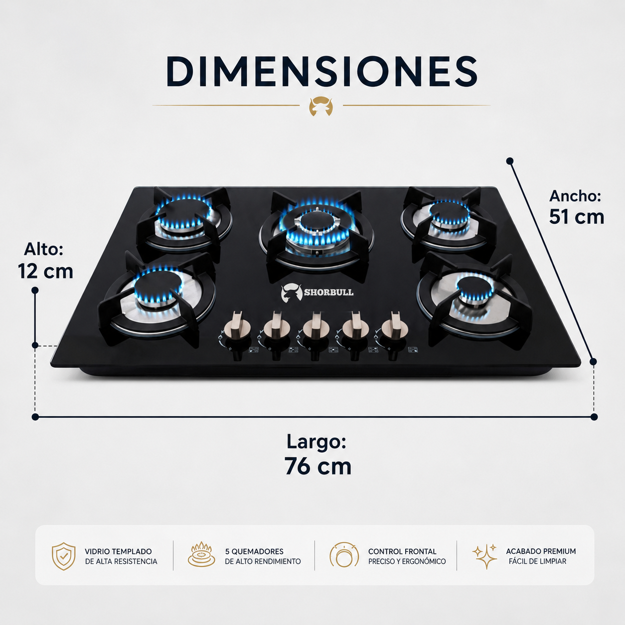Parrilla de Gas 5 Quemadores con Vidrio Templado | 72cm | Gas LP y Natural