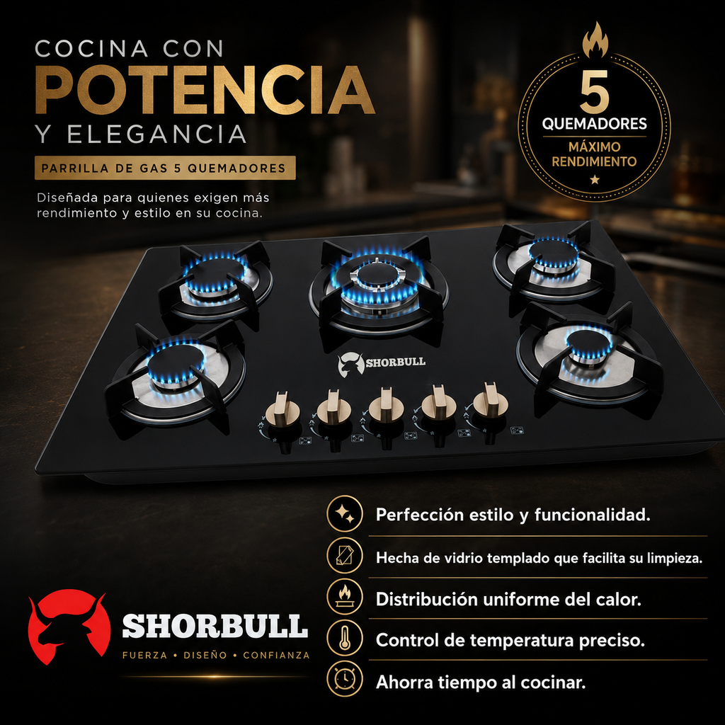 Parrilla de Gas 5 Quemadores con Vidrio Templado | 72cm | Gas LP y Natural