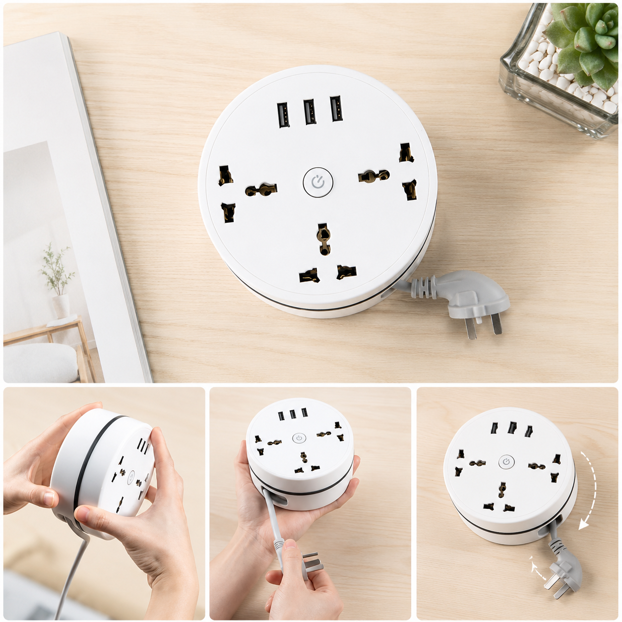Regleta Compacta 6 en 1 con Cable Retráctil 1.5m | 3 Enchufes + 3 USB