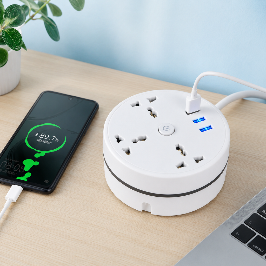 Regleta Compacta 6 en 1 con Cable Retráctil 1.5m | 3 Enchufes + 3 USB
