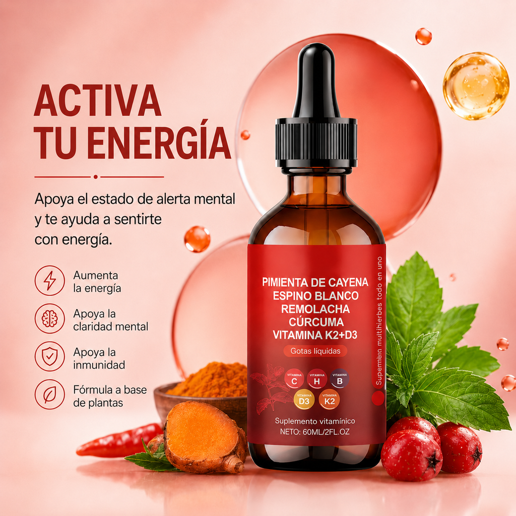 Gotas de Chile Pimienta Vascu Glow | Suplemento Natural 9 en 1 con Cúrcuma, Berberina y Vitaminas D3 K2