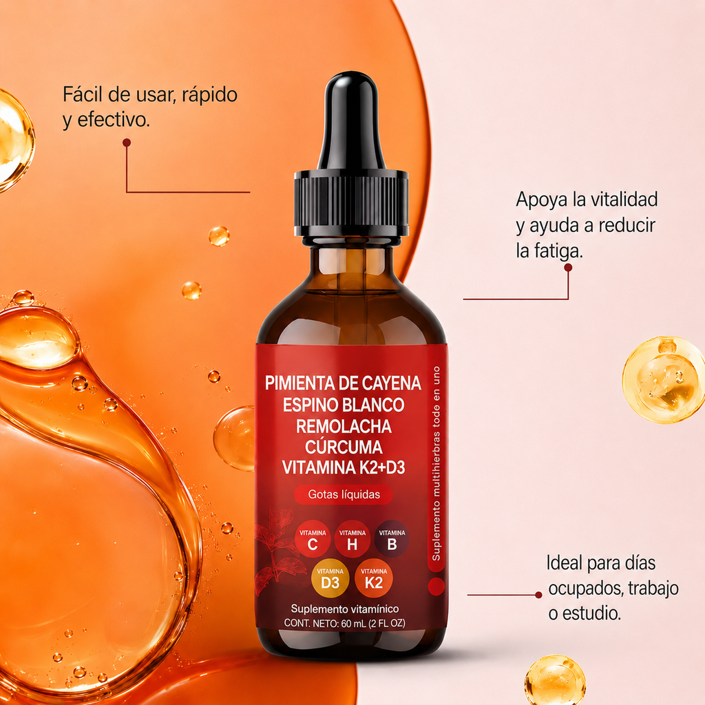 Gotas de Chile Pimienta Vascu Glow | Suplemento Natural 9 en 1 con Cúrcuma, Berberina y Vitaminas D3 K2