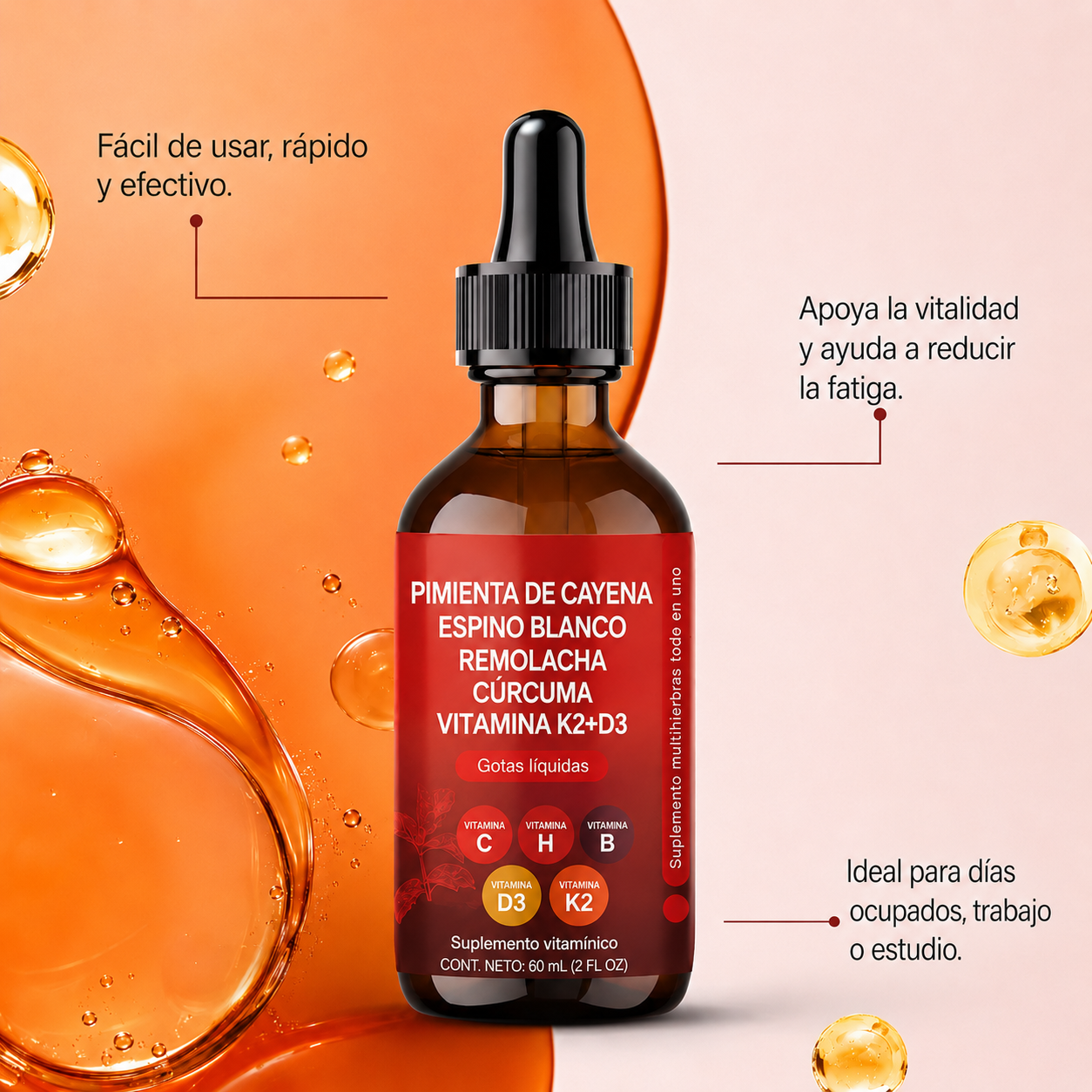 Gotas de Chile Pimienta Vascu Glow | Suplemento Natural 9 en 1 con Cúrcuma, Berberina y Vitaminas D3 K2